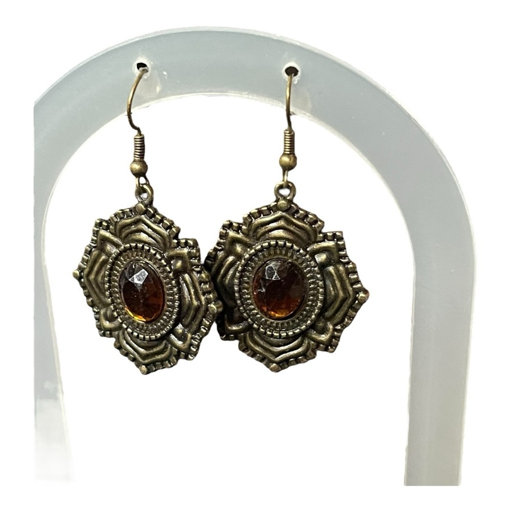 Kelly Rae Roberts Amber Crystal Boho Statement Earrings Bronze Tone Dangle - Picture 4 of 8